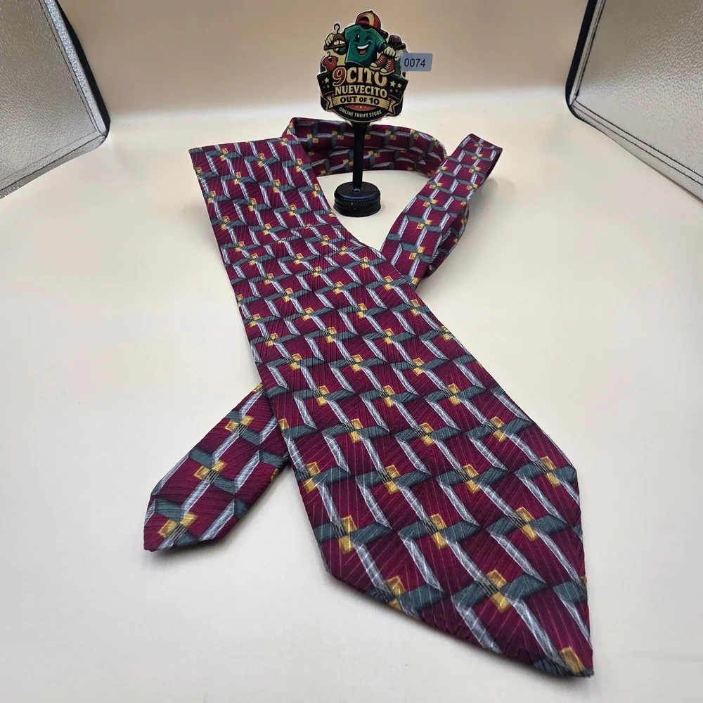 Harold Powell Mens Silk Tie Burgundy Grey Gold Geometric Abstract Made In Italy